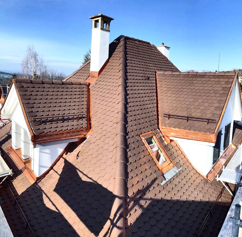 Aufsicht auf ein braunes Dach mit Kamin.